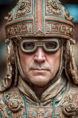 Obraz premium Man wearing detailed ancient warrior helmet and armor with serious