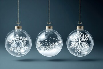Three transparent Christmas ornaments with white snowflake designs hanging against a dark background. Ideal for holiday decoration themes.