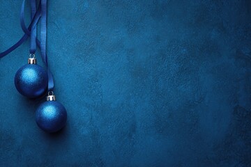 Two blue Christmas ornaments with ribbons on a textured blue background. The scene conveys a festive and elegant holiday atmosphere.