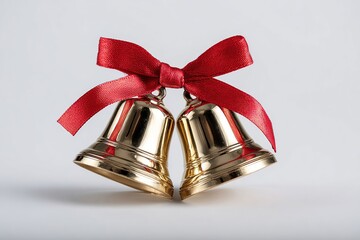 Two golden bells tied with a red ribbon. The bells are shiny and decorative, suitable for festive occasions. They symbolize celebration and joy.