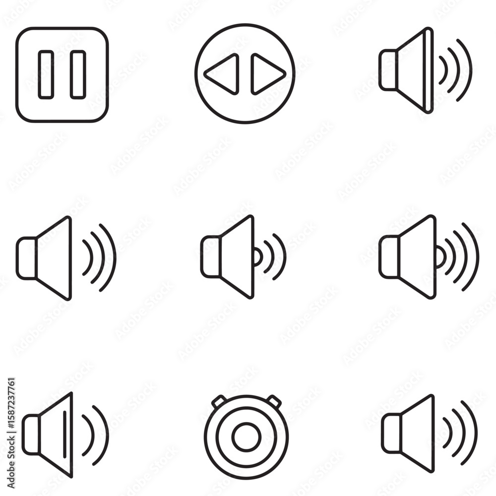 Poster set of minimalist line icons representing audio and music player control elements