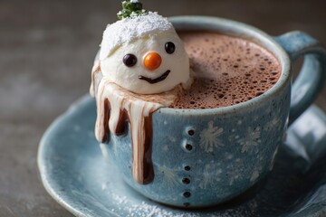 A blue mug with snowflake patterns holds hot chocolate topped with a melting snowman marshmallow. The scene is cozy and festive, perfect for winter.