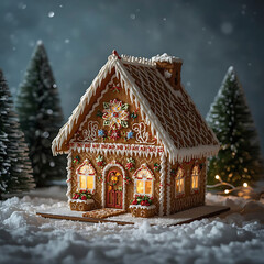The text describes a snowy winter setting with an illuminated gingerbread house.