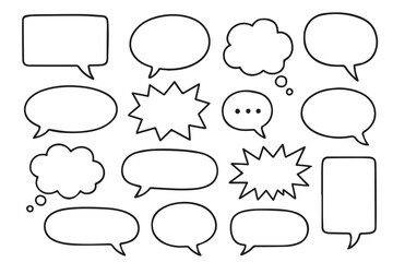 A black and white vector icon set features multiple chat bubbles, outlined in bold black lines to represent conversation, feedback, and communication clarity.

