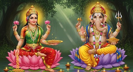 Illustration of lakshmi and ganesha sitting on lotus flowers in a serene water setting with candles