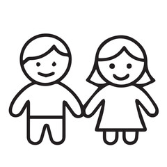 A black and white minimalist vector icon shows one boy and one girl standing side by side, outlined in bold black lines for clarity.

