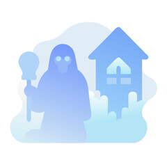 A spooky ghost is standing next to a haunted house