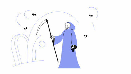 The grim reaper with a scythe stands isolated on white background