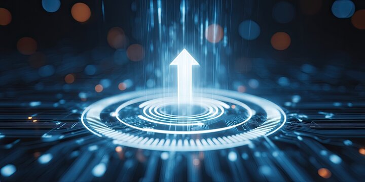 Abstract digital graphic of an upward arrow, central to a circular interface, with glowing lines and effects