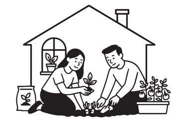 A black and white vector shows a husband and wife gardening together in their yard, outlined in bold black lines for warm, homey charm.