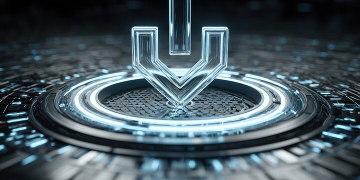 Futuristic download symbol on a technological platform