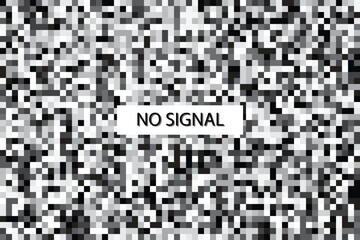 Fototapeta premium A pixelated vector background with small squares displays a glitchy digital screen and bold text reading ‘No Signal’ in distorted monochrome style.