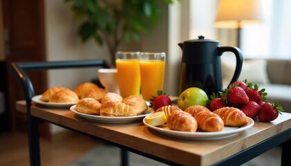Inviting Hotel Room Service Breakfast Cart Ready for Delivery, Fresh Pastries, Fruit, Juice, and Coffee Await a Delightful Morning Treat.