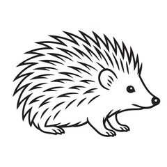 The hedgehog vector illustration appears in black and white, highlighting its spiky texture and cute face with bold, consistent black contour lines.


