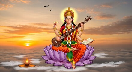 Illustration of goddess saraswati playing veena on lotus with sunset and clouds background