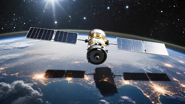 Satellite orbiting Earth with illuminated cities below and stars shining in the background. The Earth has clouds, atmosphere. Sun is shining on the left side of the satelite