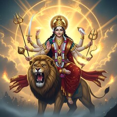 Goddess durga riding a lion with multiple arms holding weapons in a bright and cloudy sky