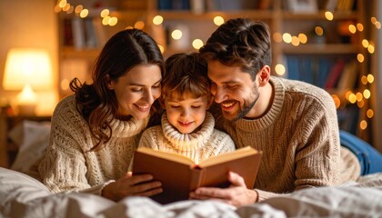 A family of three, a mother, father and child, lying on a bed reading a book that emits a glowing light.