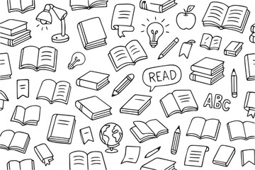 Black and white vector background illustrates books, rulers, and students studying, outlined in solid black to create a structured, classroom-inspired composition.

