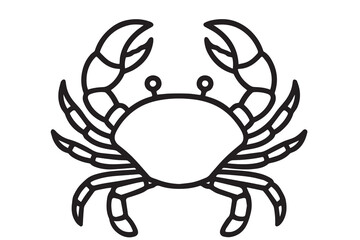 A simple crab vector illustration in black and white showcases curved legs and claws, clearly defined with bold, consistent black outline strokes.

