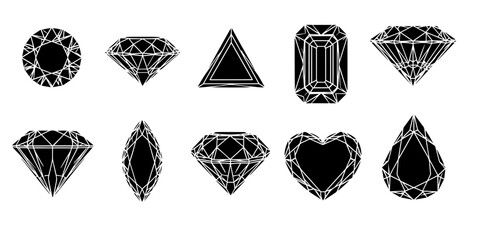 Diamond and Gemstone Cuts: A Silhouette Collection, 
Set of Various Gemstone Silhouettes on White Background, 
Elegant Diamond and Jewel Cuts Vector Illustration, Luxury Jewelry.