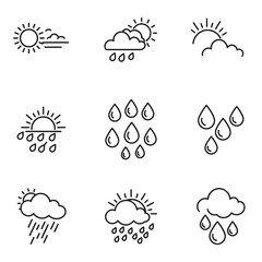 Simple black and white weather icons depicting sunshine rain and cloudy skies