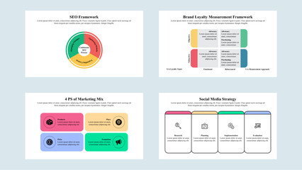 A set of four Infographic presentation templates on marketing and growth framework.