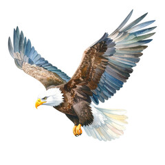 Fototapeta premium Majestic Eagle in Flight: An expertly crafted illustration captures the regal beauty of an American eagle in mid-flight, its wings gracefully spread against the sky, showcasing its power and freedom.