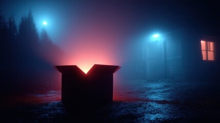 A glowing red light emerges from an open cardboard box in a moody, misty nighttime setting.