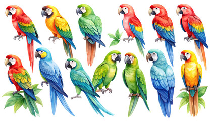 Colorful parrot perched on a branch in the tropics isolated on white background