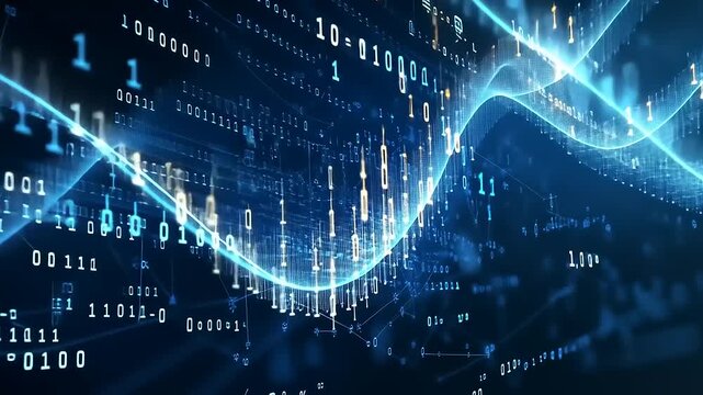 Abstract digital data visualization with binary code flowing in waves against a dark background