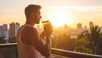Man drinking a beverage on a balcony overlooking a city skyline at sunset.