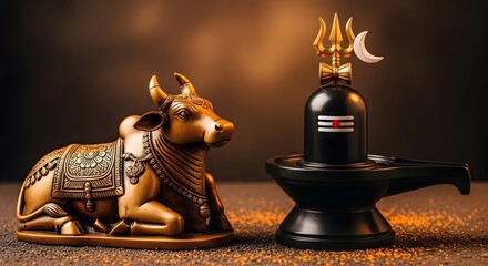 Hinduism symbols of spirituality featuring a Nandi statue alongside a Shivling, expressing reverence and faith
