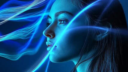 Profile of a woman illuminated by blue light with flowing patterns, creating a serene and futuristic atmosphere - Powered by Adobe