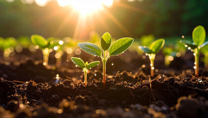 Emergence of Life: The delicate verdant sprouts emerge from the rich, dark soil, illuminated by the radiant sun, symbolizing renewal, growth and hope.