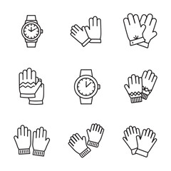 Fototapeta premium Simple outline icons featuring wristwatches and various types of gloves on white background