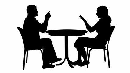 Silhouette of man and woman sitting at a round table in discussion with hand gestures and chairs shown