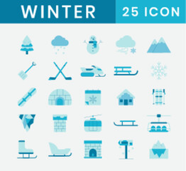 Set of 25 flat winter icons set. Winter icon and symbol. Winter element. Simple flat vector illustration packs.