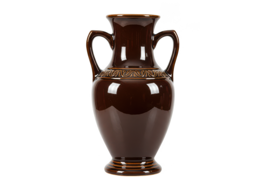 Elegant brown ceramic amphora vase with ornate detailing isolated on white background