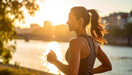 Woman running outdoors at sunset near a river, wearing athletic clothing, enjoying a healthy lifestyle.