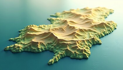 Topographic map with mountain ranges and coastal features in shades of green and yellow.
