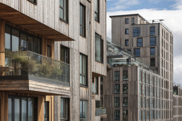 closeup view of modern wooden building facades showcasing ecofriendly designs