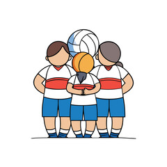 Three children in sports uniforms with balls volleyball basketball