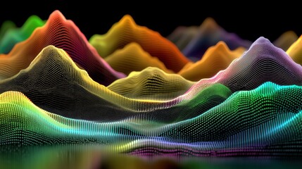 A topographic-style wave landscape made of colorful 3D dots forming peaks and valleys across a black void.