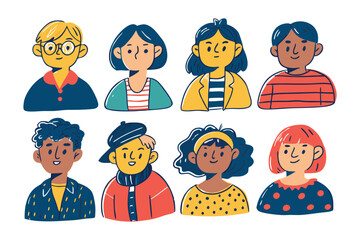 Diverse Group of Children's Avatar: A collection of eight diverse children's avatars, each with unique features, hairstyles, and clothing, representing a variety of ethnicities and personalities.