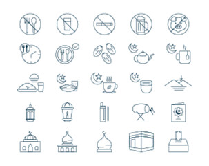 Moslem Fasting icons set. Moslem fasting elements. Simple outline icon packs. Vector illustrations.