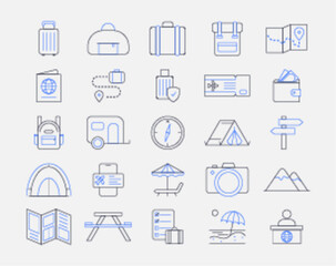 Trip and vacation icons set. Trip and vacation elements. Simple outline icon packs. Vector illustrations.