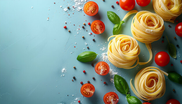 Pasta noodles and tomato herb decorative plating on a rough blue background.