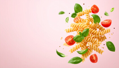 Tomatoes and herbs with flying pasta noodle production image.