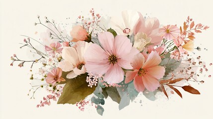 A watercolor-style bouquet of blush pink and peach cosmos, delicate wildflowers, and eucalyptus leaves, arranged loosely on a cream background with subtle splatters